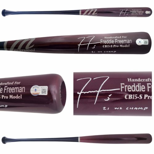 Freddie Freeman Autographed Signed Red & Blue Marucci Game Model Bat Los Angeles Dodgers "21 Ws Champs" Beckett Beckett Qr #209155 
