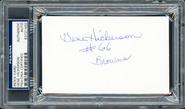 Gene Hickerson Autographed 3X5 Index Card Cleveland Browns Blue Sharpie PSA/DNA