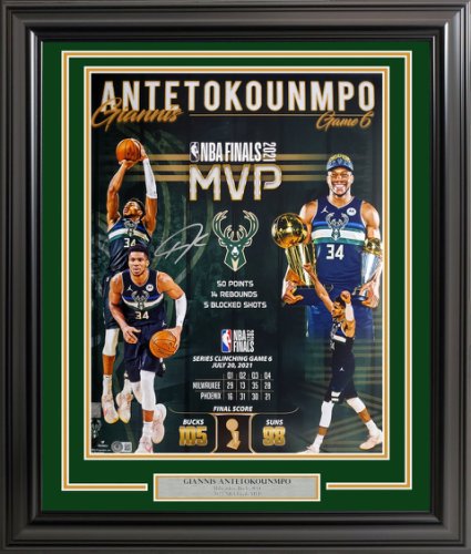 Giannis Antetokounmpo Autographed Signed Framed 16X20 Photo Milwaukee Bucks 2021 Finals MVP Collage Beckett Beckett Qr #209439 