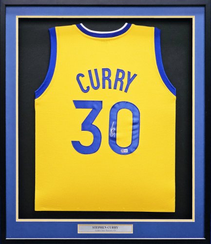 Golden State Warriors Stephen Curry Autographed Framed Yellow Jersey Beckett Beckett