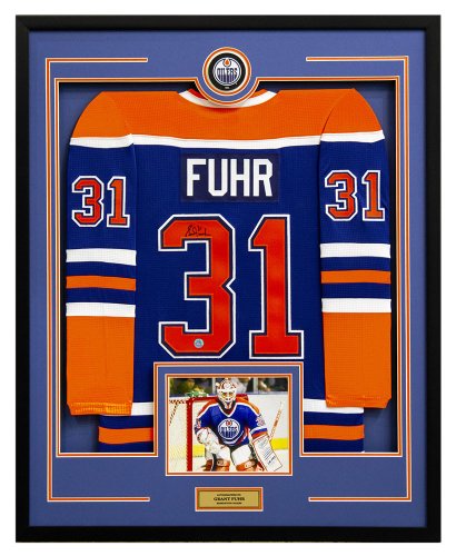 Grant Fuhr Autographed Signed Edmonton Oilers Puck Logo 36x44 Jersey Frame