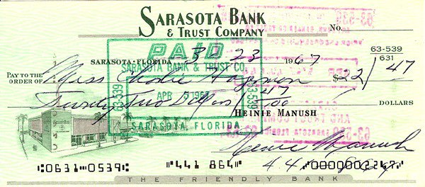 Heinie Manush Autographed Check Washington Senators #100283