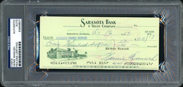Heinie Manush Autographed Signed Check Detroit Tigers PSA/DNA 