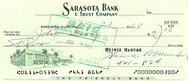 Heinie Manush Autographed Signed Check Washington Senators #100279 