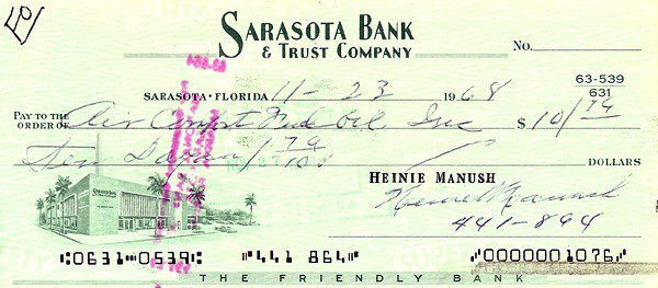 Heinie Manush Autographed Signed Check Washington Senators #100282 