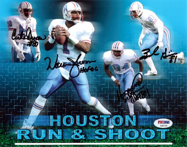 Houston Oilers Run & Shoot Autographed Signed 8X10 Photo "HOF 06" With 4 Signatures Including Warren Moon PSA/DNA 