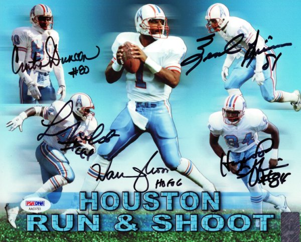 Houston Oilers Run & Shoot Autographed Signed 8X10 Photo "HOF 06" With 5 Signatures Including Warren Moon PSA/DNA 