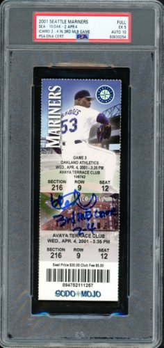 Ichiro Suzuki Autographed Signed 2001 3Rd MLB Game Ticket Seattle Mariners PSA Auto Grade Gem Mint 10 "3Rd MLB Game 2-4" PSA/DNA 