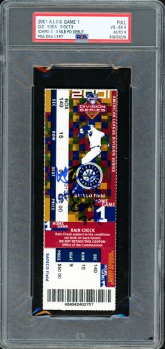 Ichiro Suzuki Autographed Signed 2001 Alds Game 1 Ticket Seattle Mariners PSA Auto Grade Mint 9 "1St Playoff Game 3-4" PSA/DNA 