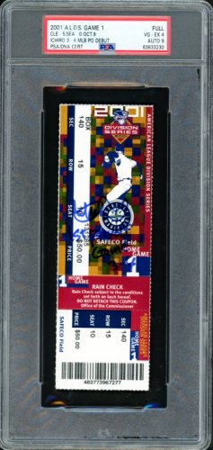 Ichiro Suzuki Autographed Signed 2001 Alds Game 1 Ticket Seattle Mariners PSA Auto Grade Mint 9 "1St Playoff Game 3-4" PSA/DNA 