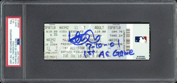 Ichiro Suzuki Autographed Signed 2001 All Star Game Ticket Stub Seattle Mariners PSA Auto Grade Gem Mint 10 "7-10-01 1St As Game" PSA/DNA 