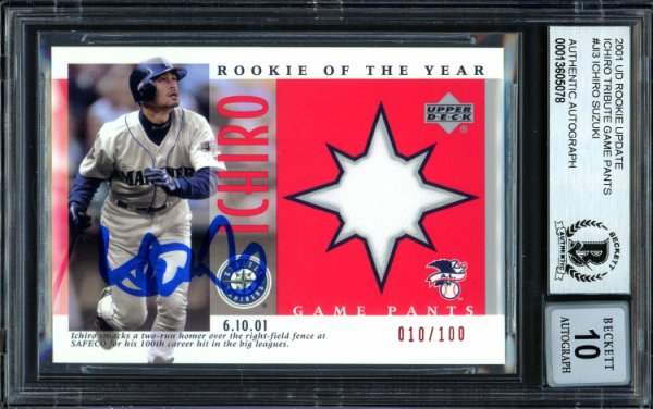 Ichiro Suzuki Autographed Signed 2001 Ud Game Used Jersey Card #J-13 Seattle Mariners Auto Grade Gem Mint 10 #10/100 Beckett Beckett 