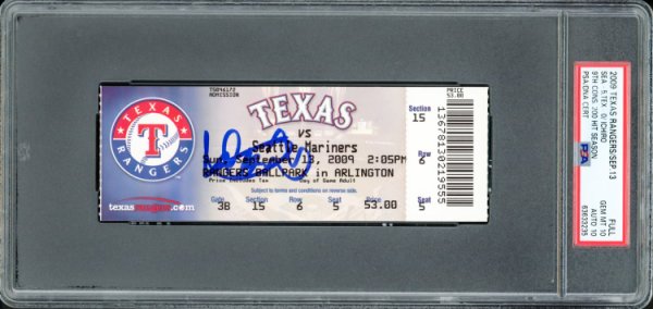 Ichiro Suzuki Autographed Signed 2009 September 13 Game Ticket Seattle Mariners PSA Auto Grade Gem Mint 10 9Th Consecutive 200 Hit Seasons PSA/DNA 