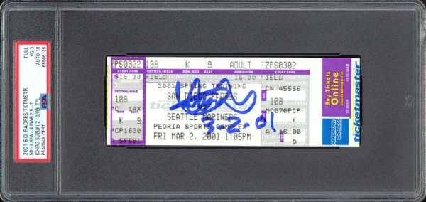 Ichiro Suzuki Autographed Signed March 2Nd, 2001 Spring Training Ticket Stub Seattle Mariners PSA Auto Grade Gem Mint 10 "3-2-01" PSA/DNA 