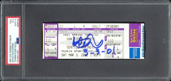 Ichiro Suzuki Autographed Signed March 3Rd, 2001 Spring Training Ticket Stub Seattle Mariners PSA Auto Grade Gem Mint 10 "3-3-01" PSA/DNA 