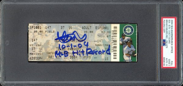 Ichiro Suzuki Autographed Signed October 1St, 2004 Ticket Stub Seattle Mariners PSA Auto Grade Gem Mint 10 "10-1-04 MLB Hit Record" Pop 2 PSA/DNA 