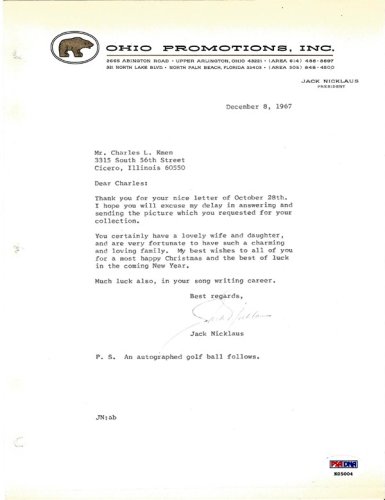 Jack Nicklaus Autographed Signed Letter 1967 Vintage Signature PSA/DNA 