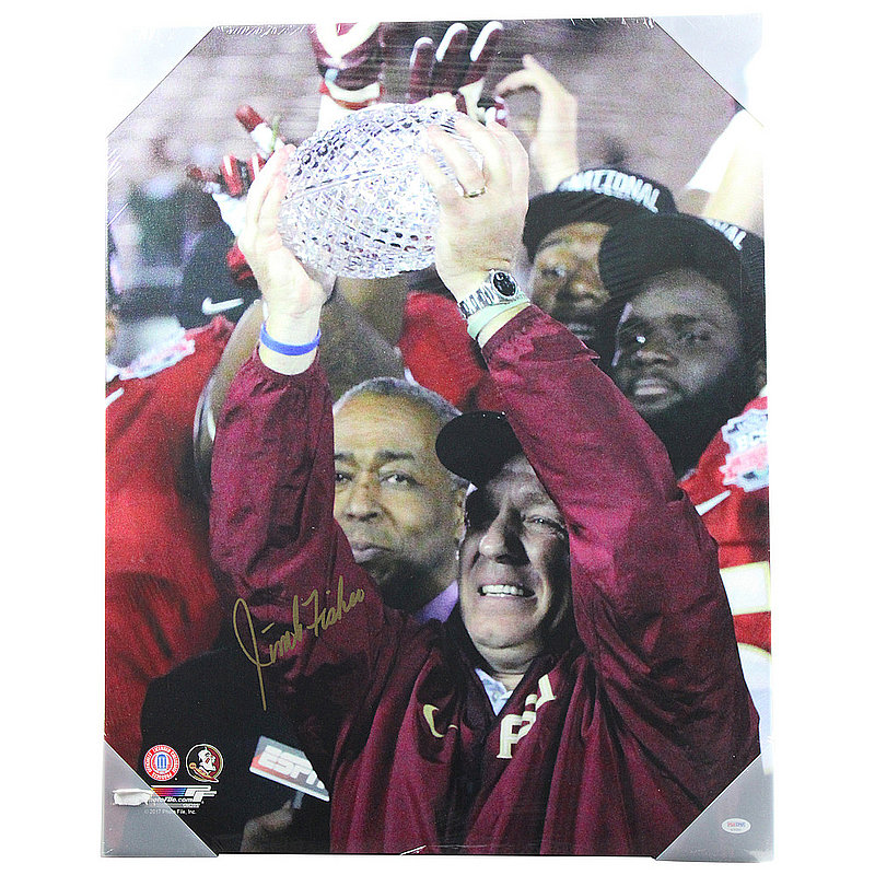 Jimbo Fisher Autographed Signed FSU Stretched Holding Trophy Close-Up 24x30 Canvas Print-PSA 