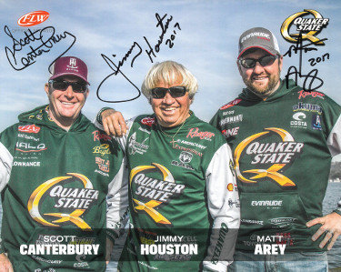 Jimmy Houston Autographed Signed Quaker State- FLW 8x10 Photo (3 sig) w/  Scott Canterbury & Matt Arey- 2017 Insc (Angler/Fishing)