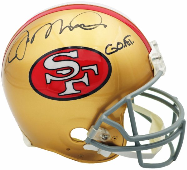 Joe Montana Autographed Signed San Francisco 49Ers Gold Full Size Speed Authentic Helmet "G.O.A.T." Beckett Beckett Qr #232731 