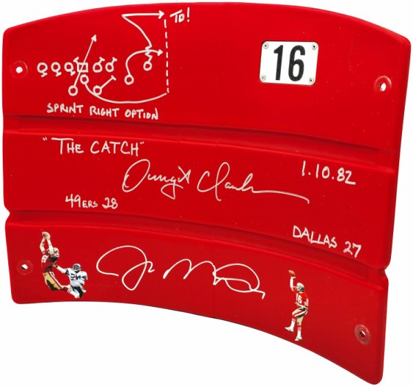 Joe Montana & Dwight Clark Autographed Signed Red Stadium Used Candlestick Park Seatback San Francisco 49Ers "The Catch, Sprint Right Option Play Sketch" Beckett Beckett Qr #231872 