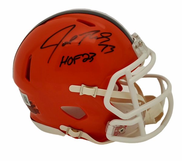 Joe Thomas Cleveland Browns Autographed Signed Throwback Speed Mini Helmet w/ "HOF 23" Inscription - Beckett Authentic 