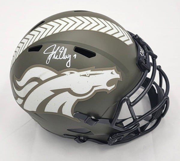 John Elway Autographed Denver Broncos Salute To Service Replica Helmet Beckett Witnessed