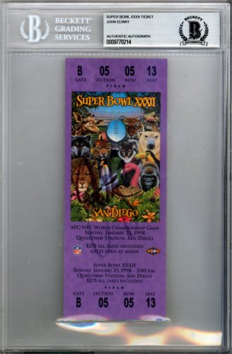 John Elway Autographed Sb Xxxii Purple Ticket Denver Broncos Beckett Beckett