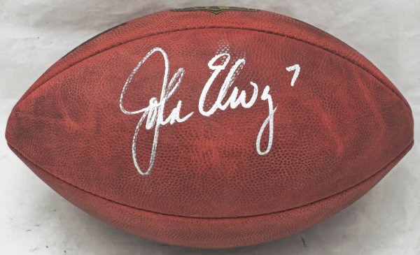 John Elway Autographed Signed Official NFL Leather Colored Gold Shield Football Denver Broncos Beckett Beckett Witness #W609022 