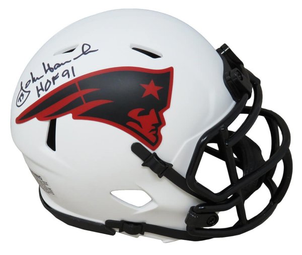 John Hannah Autographed Signed New England Patriots Lunar Eclipse White Matte Riddell Speed Mini Helmet w/HOF'91 