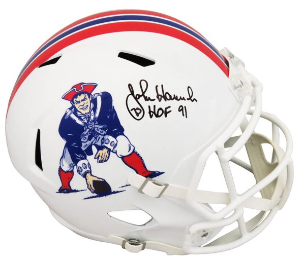 John Hannah Autographed Signed New England Patriots Throwback Riddell Full Size Speed Replica Helmet w/HOF'91 
