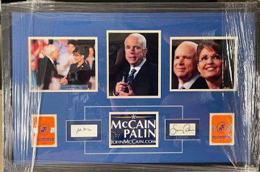 John McCain/Sarah Palin Dual Autographed Signed 2008 GOP Presidential Campaign Cut Sigs JSA/3-Photo/Convention Badges Custom Framing 25x39 