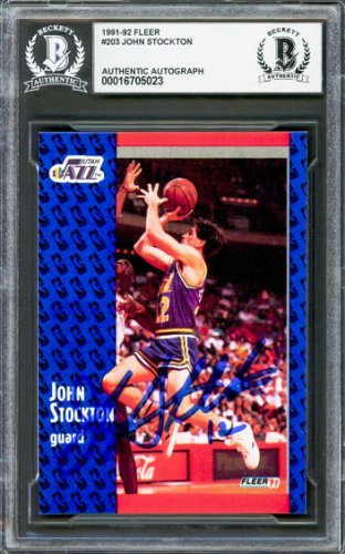 John Stockton Autographed 1991-92 Fleer Card #203 Utah Jazz Beckett Beckett