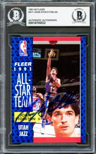 John Stockton Autographed 1991-92 Fleer Card #217 Utah Jazz Beckett Beckett
