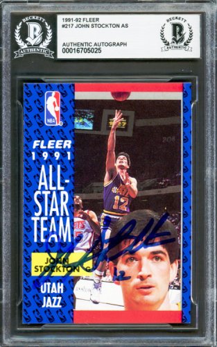 John Stockton Autographed 1991-92 Fleer Card #217 Utah Jazz Beckett Beckett