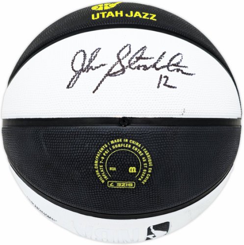 John Stockton Autographed Black & White Team Tribute Utah Jazz Logo Basketball Beckett Beckett Witness #224370