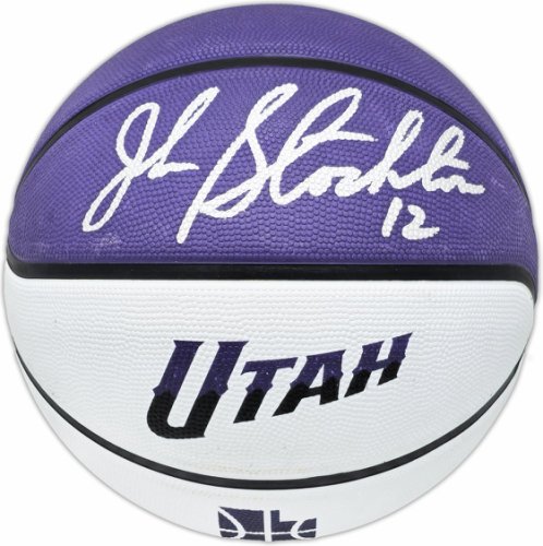 John Stockton Autographed Purple & White City Edition Basketball Utah Jazz Beckett Beckett Witness #224371