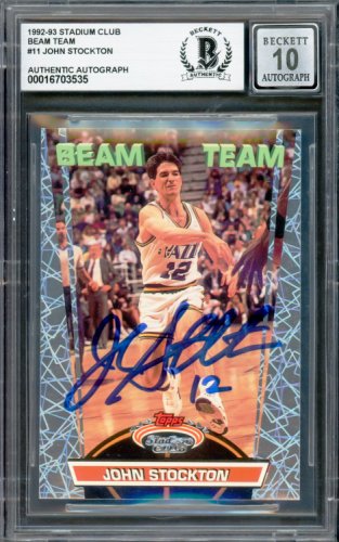 John Stockton Autographed Signed 1992-93 Stadium Club Beam Team Card #11 Utah Jazz Auto Grade Gem Mint 10 Beckett Beckett 