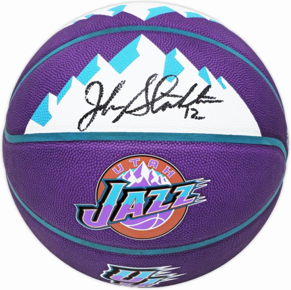 John Stockton Autographed Signed Purple City Edition Basketball Utah Jazz With Mountains Beckett Beckett Witness #224372 