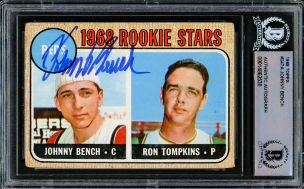 Johnny Bench Autographed 1968 Topps Rookie Card #247 Cincinnati Reds Beckett Beckett