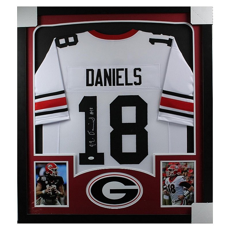 JT Daniels Autographed Georgia Bulldogs Framed Deluxe White #18 Jersey Signed in Silver - JSA Authentic 