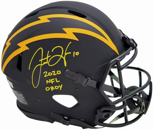 Justin Herbert Autographed Signed Los Angeles Chargers Eclipse Black Full Size Authentic Speed Helmet "2020 NFL Oroy" (Scuffed) Beckett Beckett Witness #206932 