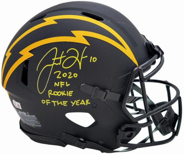 Justin Herbert Autographed Signed Los Angeles Chargers Eclipse Black Full Size Authentic Speed Helmet "2020 NFL Rookie Of The Year" (Scuffed) Beckett Beckett Witness #206931 