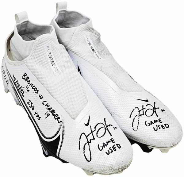 Justin Herbert Autographed Signed Pair Of Game Used White & Black Nike Vapor 360 Pro Cleats Los Angeles Chargers "Game Used, Broncos 16 Vs Chargers 19, 10/17/22, 238 Yds" Beckett Beckett Witness #W453550 & #W453551 