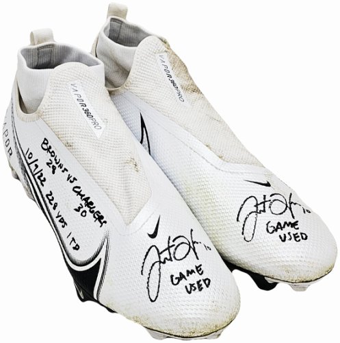 Justin Herbert Autographed Signed Pair Of Game Used White & Black Nike Vapor 360 Pro Cleats Los Angeles Chargers "Game Used, Browns 28 Vs Chargers 30, 10/9/22, 228 Yds, & 1 Td" Beckett Beckett Witness #W453556 & #W453557 