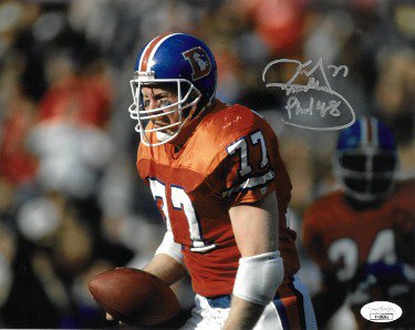 Karl Mecklenburg signed Denver Broncos 8X10 Photo Phil 4:8- JSA Hologram