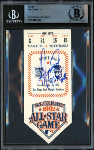 Ken Griffey Jr. Autographed Signed 1992 All Star Game 2.5X5.5 Ticket Seattle Mariners "92 As MVP" Beckett Beckett 