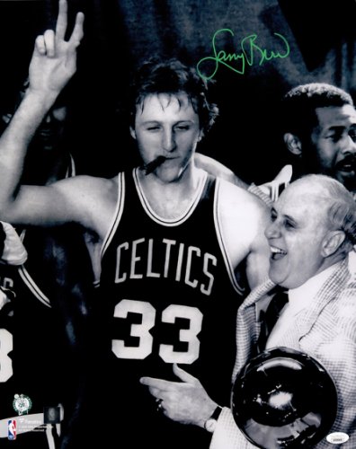 Larry Bird Autographed 16X20 Photo Boston Celtics With Red Auerbach JSA