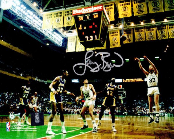 Larry Bird Autographed Signed Boston Celtics 3-Pt Shot vs Lakers Action 8x10 Photo 