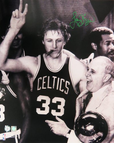 Larry Bird Autographed Signed Boston Celtics Cigar Celebration With Red Auerbach B&W 16x20 Photo 